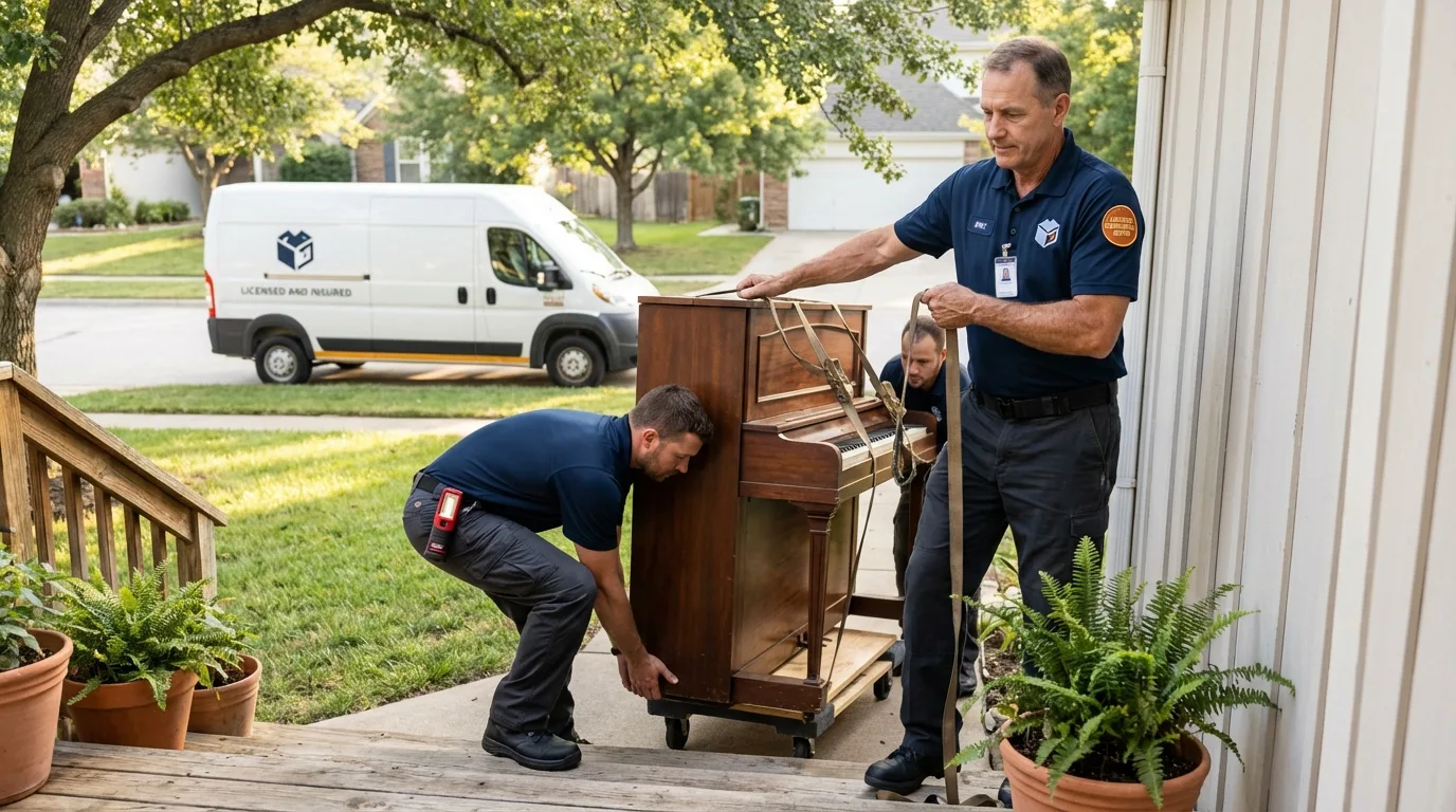 Licensed piano movers securing grand piano in Augusta, GA