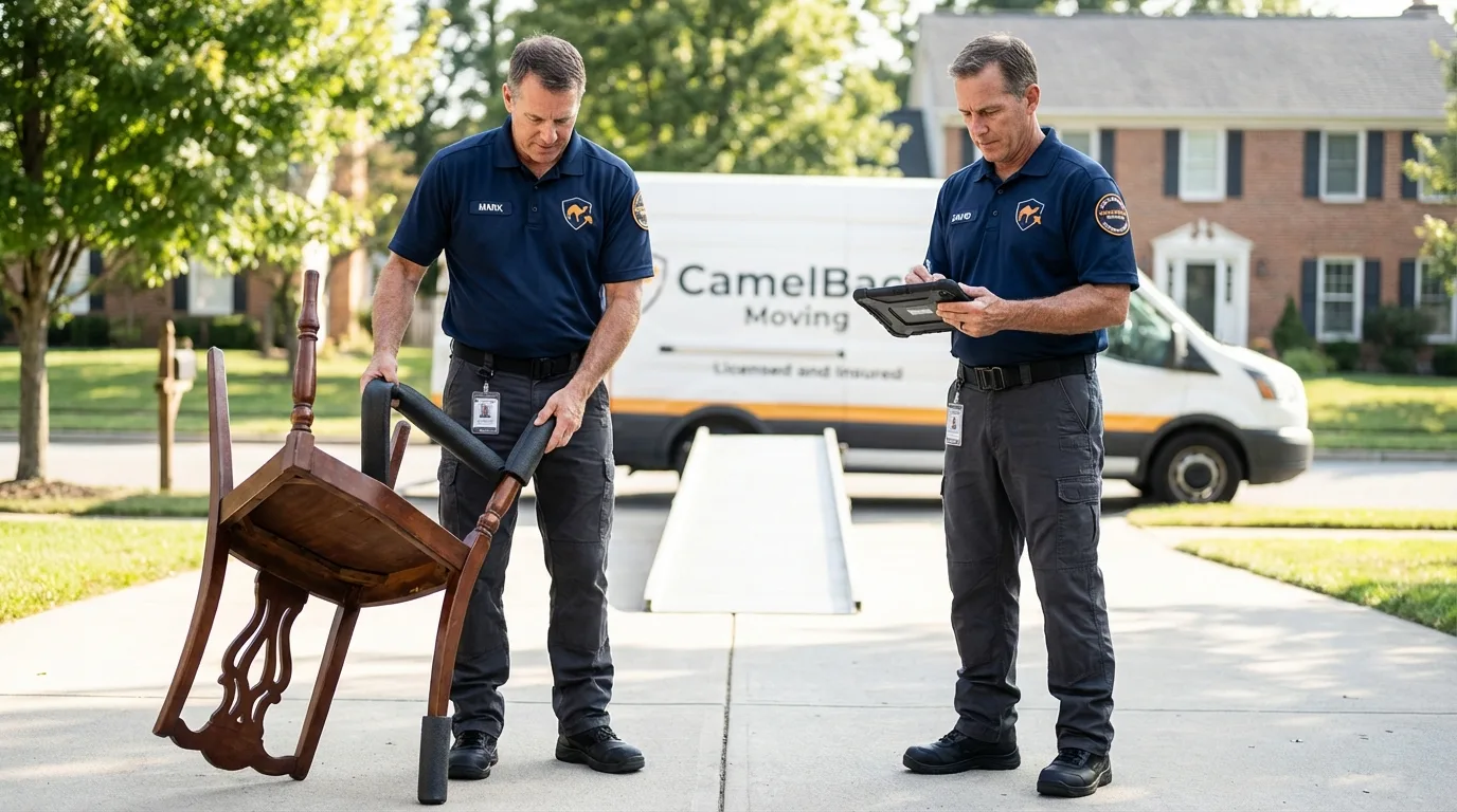 Movers inspecting furniture for damage prevention before loading in Augusta, GA