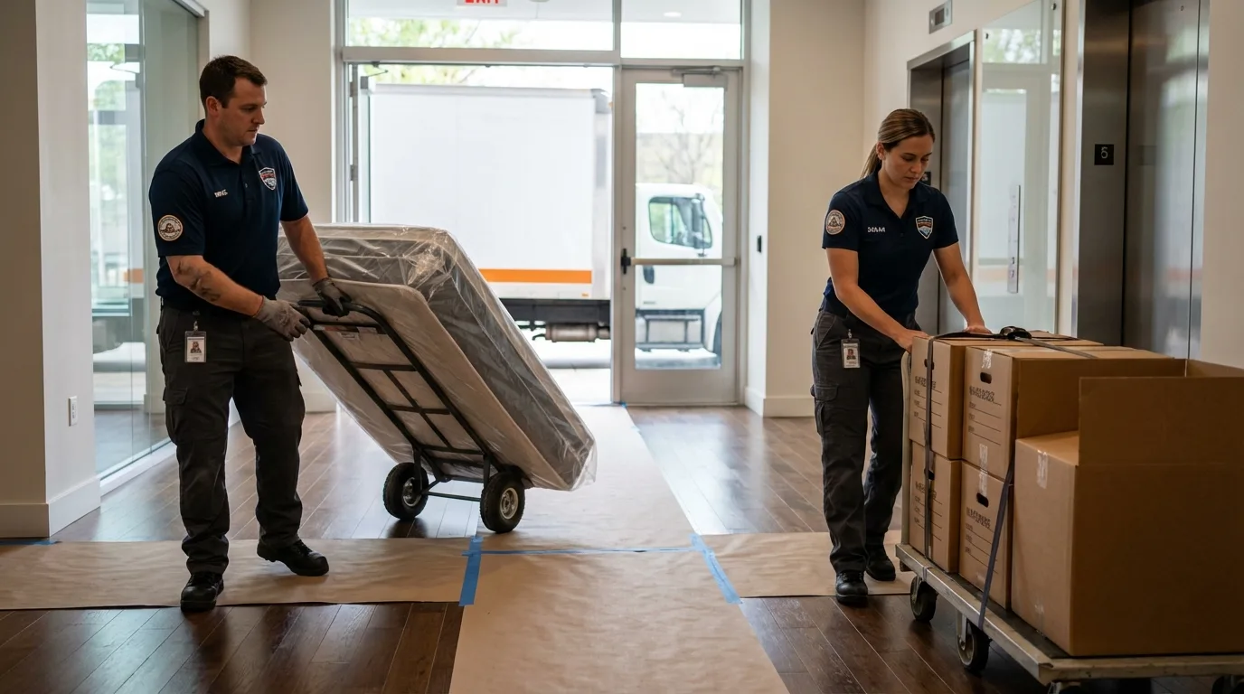 Professional apartment movers loading elevator in Augusta, GA